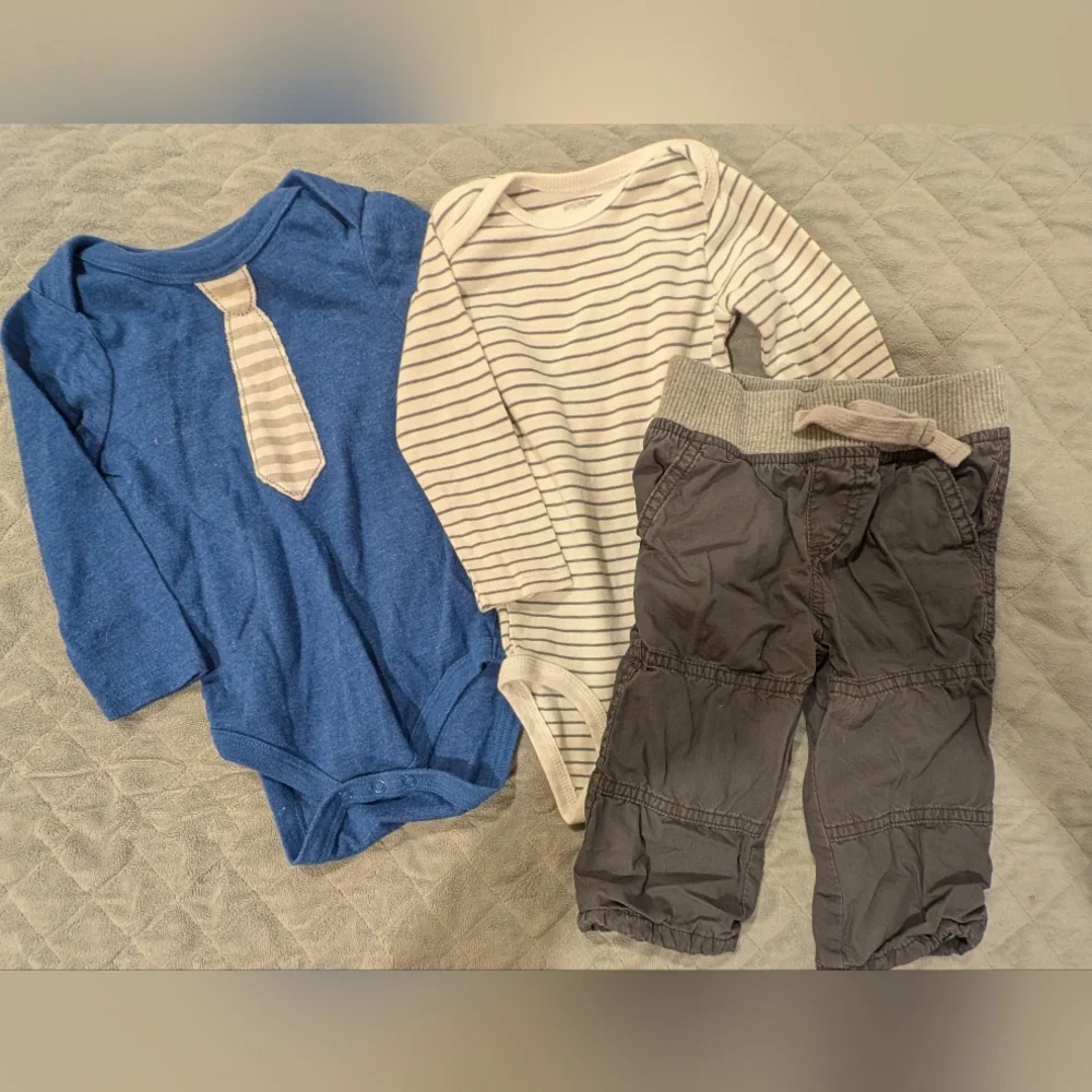 6-9M Baby Outfit Set with Blue Onesie and Striped Bodysuit